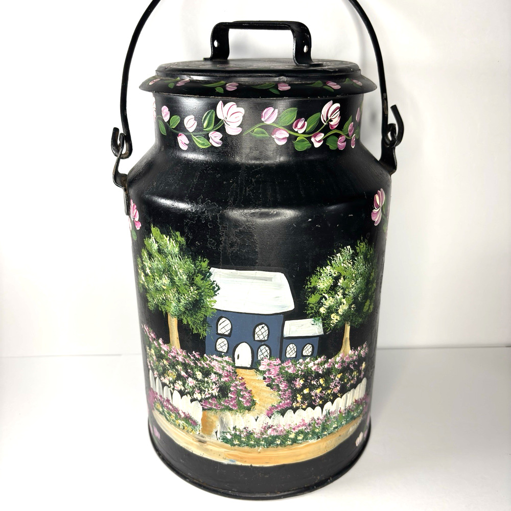 Vtg Hand Painted Steel Milk Can w Lid Floral Farmhouse Country Cottage Black 13"
